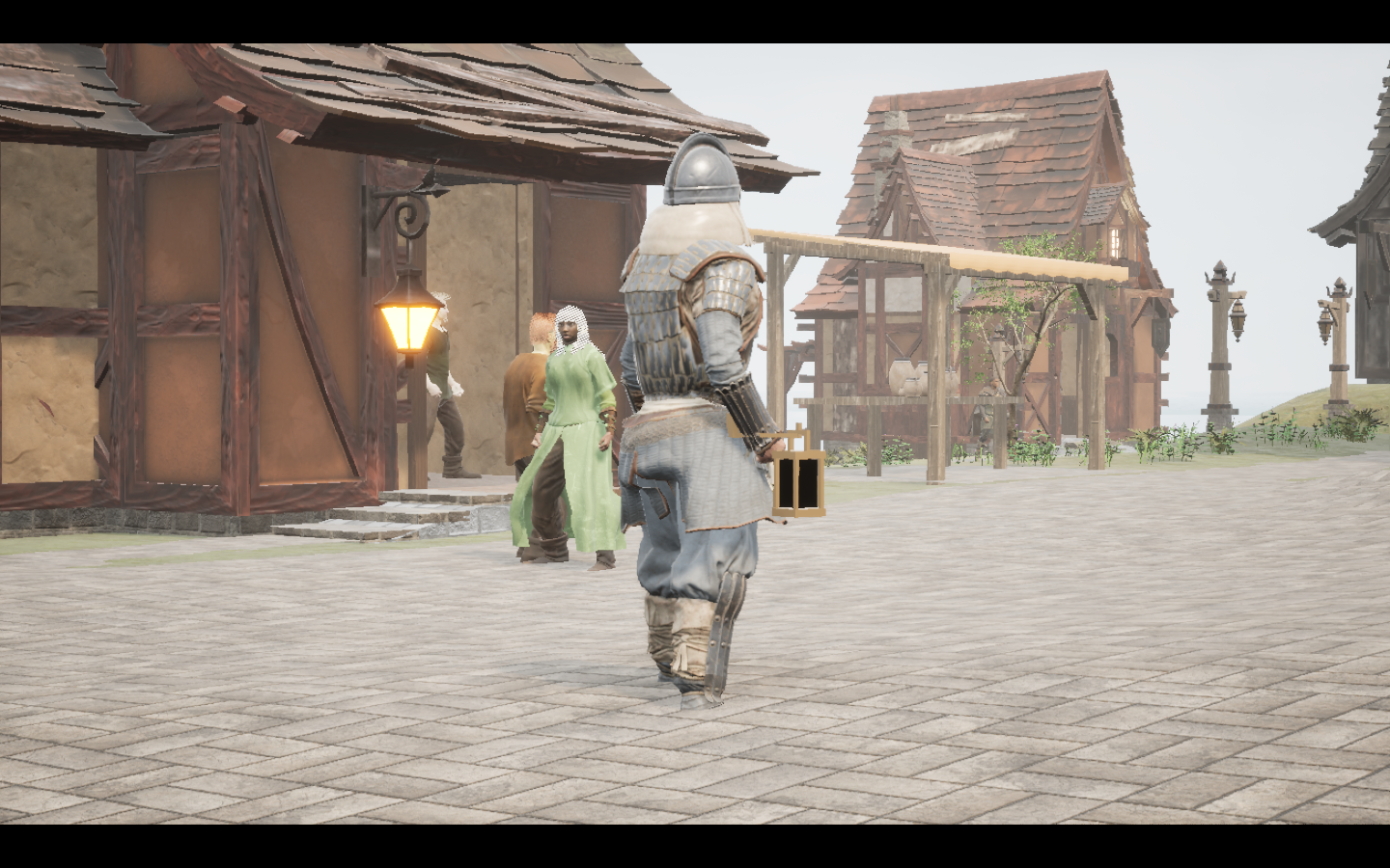 Worn in the complete Iron armour outfit. Native game screenshot, masculine average body, rear three-quarter view.