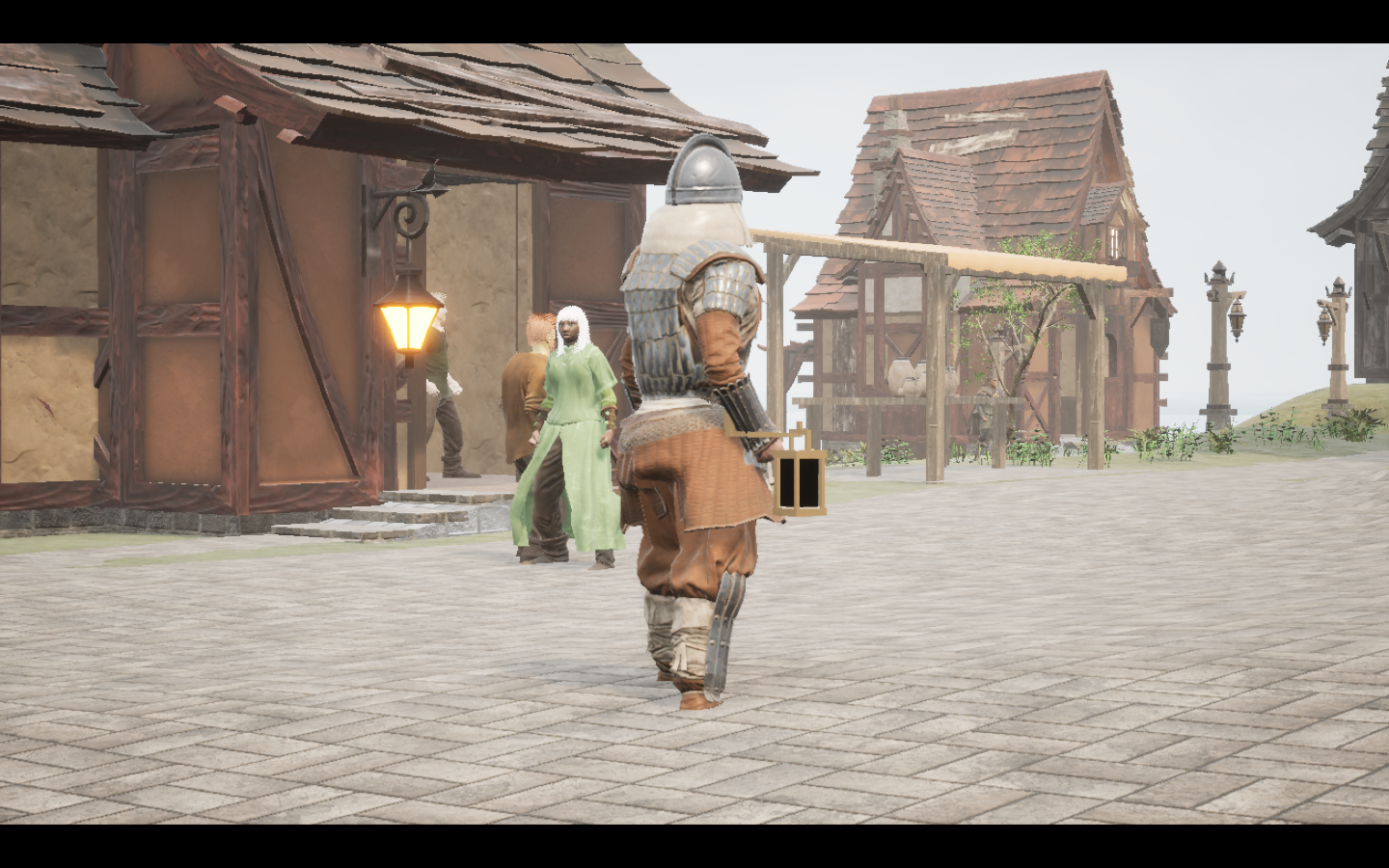 Worn in the complete Umber iron armour outfit. Native game screenshot, masculine average body, rear three-quarter view.