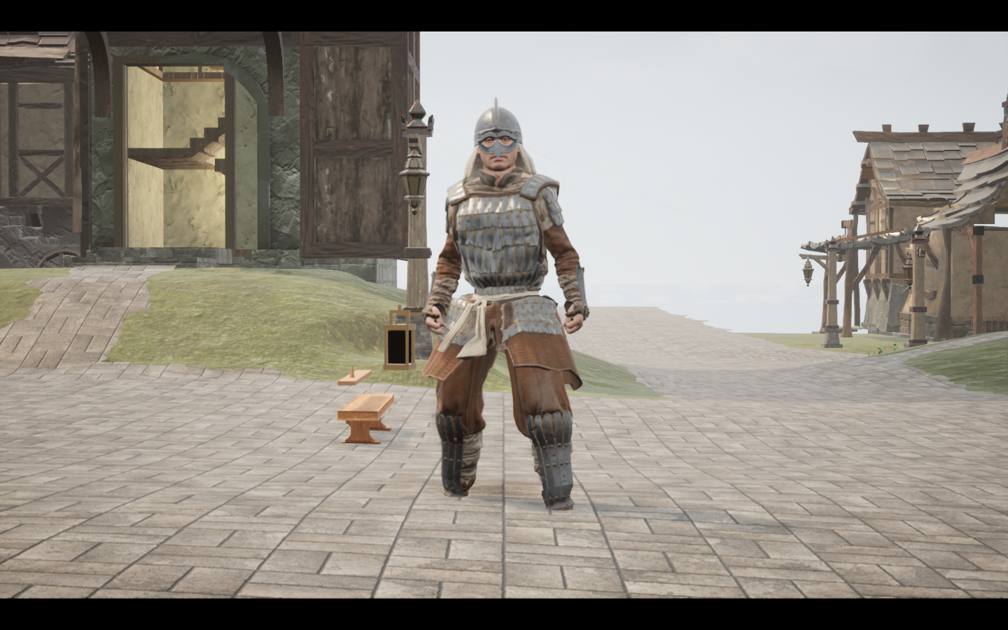 Worn in the complete Umber iron armour outfit. Native game screenshot, masculine average body, front view.
