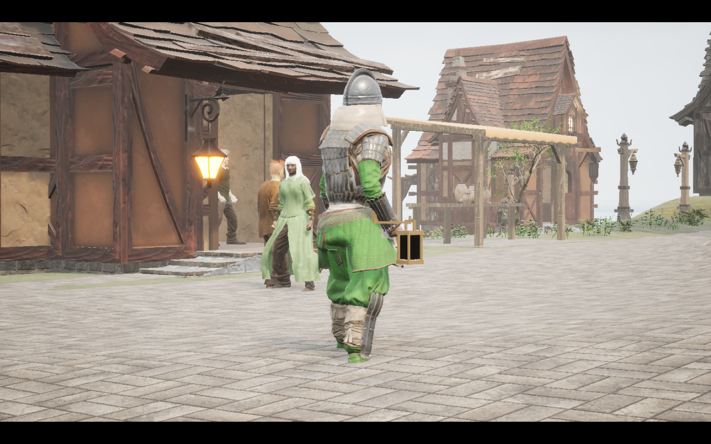 Worn in the complete Moss iron armour outfit. Native game screenshot, masculine average body, rear three-quarter view.