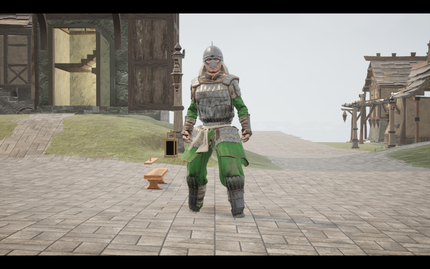 Worn in the complete Moss iron armour outfit. Native game screenshot, masculine average body, front view.