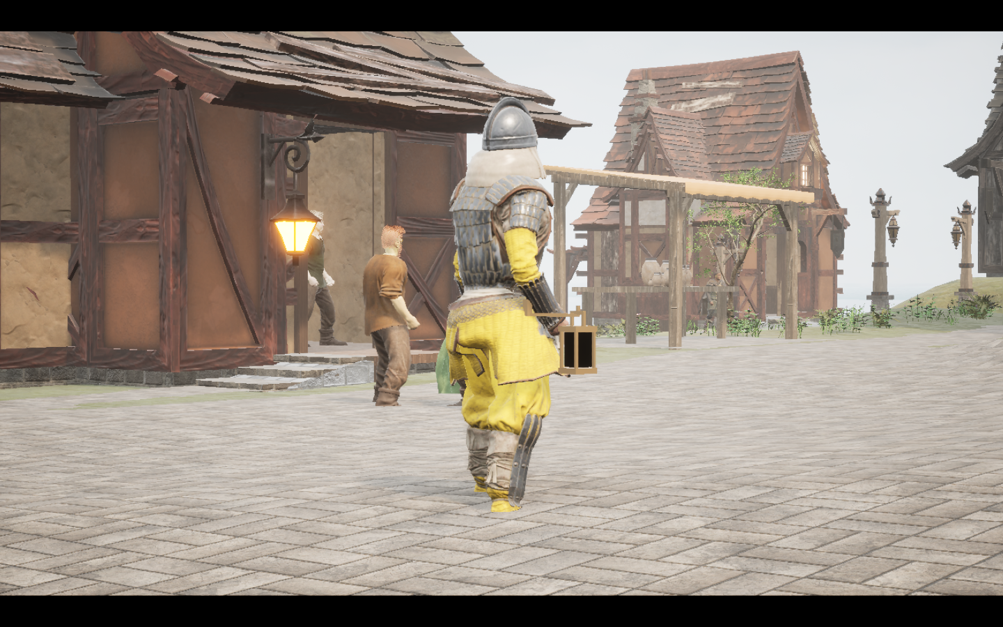 Worn in the complete Sunspot iron armour outfit. Native game screenshot, masculine average body, rear three-quarter view.