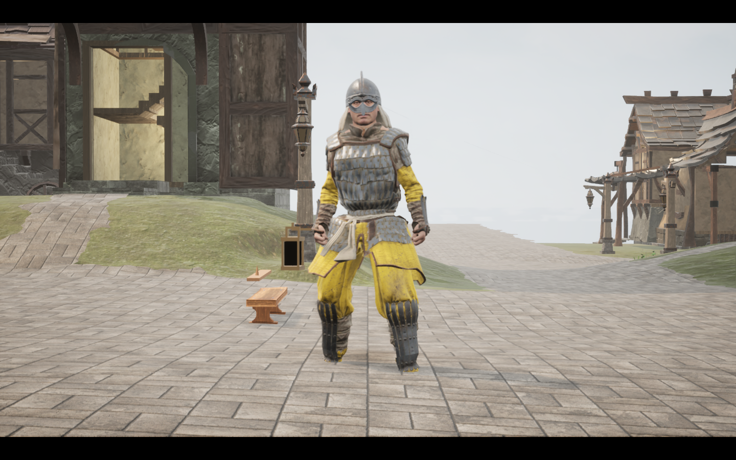 Worn in the complete Sunspot iron armour outfit. Native game screenshot, masculine average body, front view.
