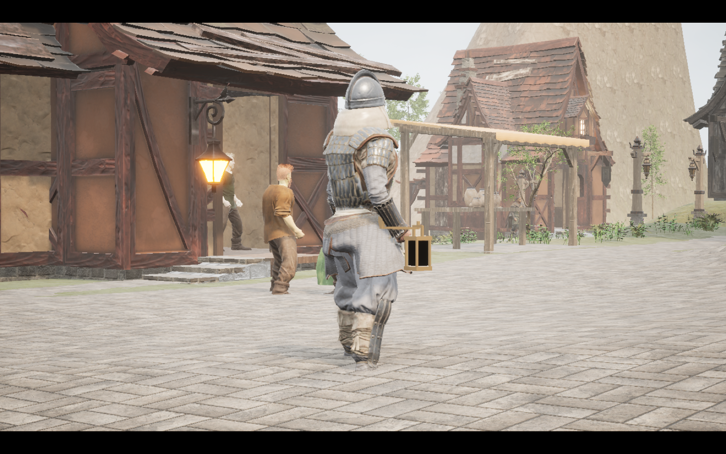Worn in the complete Ash iron armour outfit. Native game screenshot, masculine average body, rear three-quarter view.
