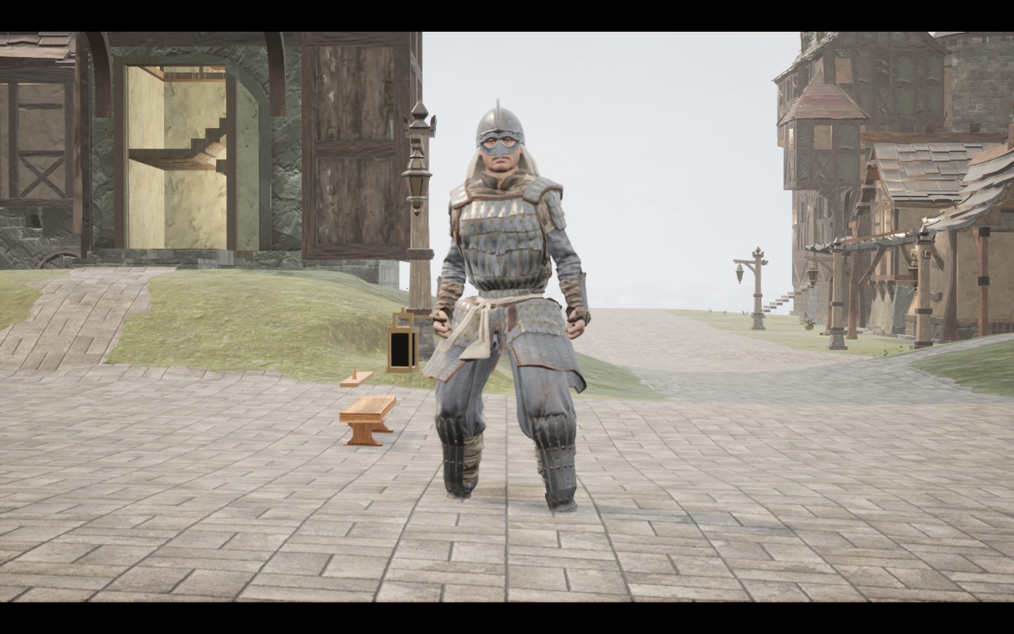 Worn in the complete Ash iron armour outfit. Native game screenshot, masculine average body, front view.