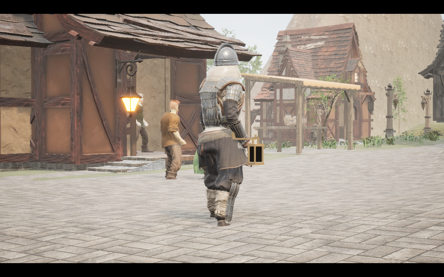 Worn in the complete Onyx iron armour outfit. Native game screenshot, masculine average body, rear three-quarter view.