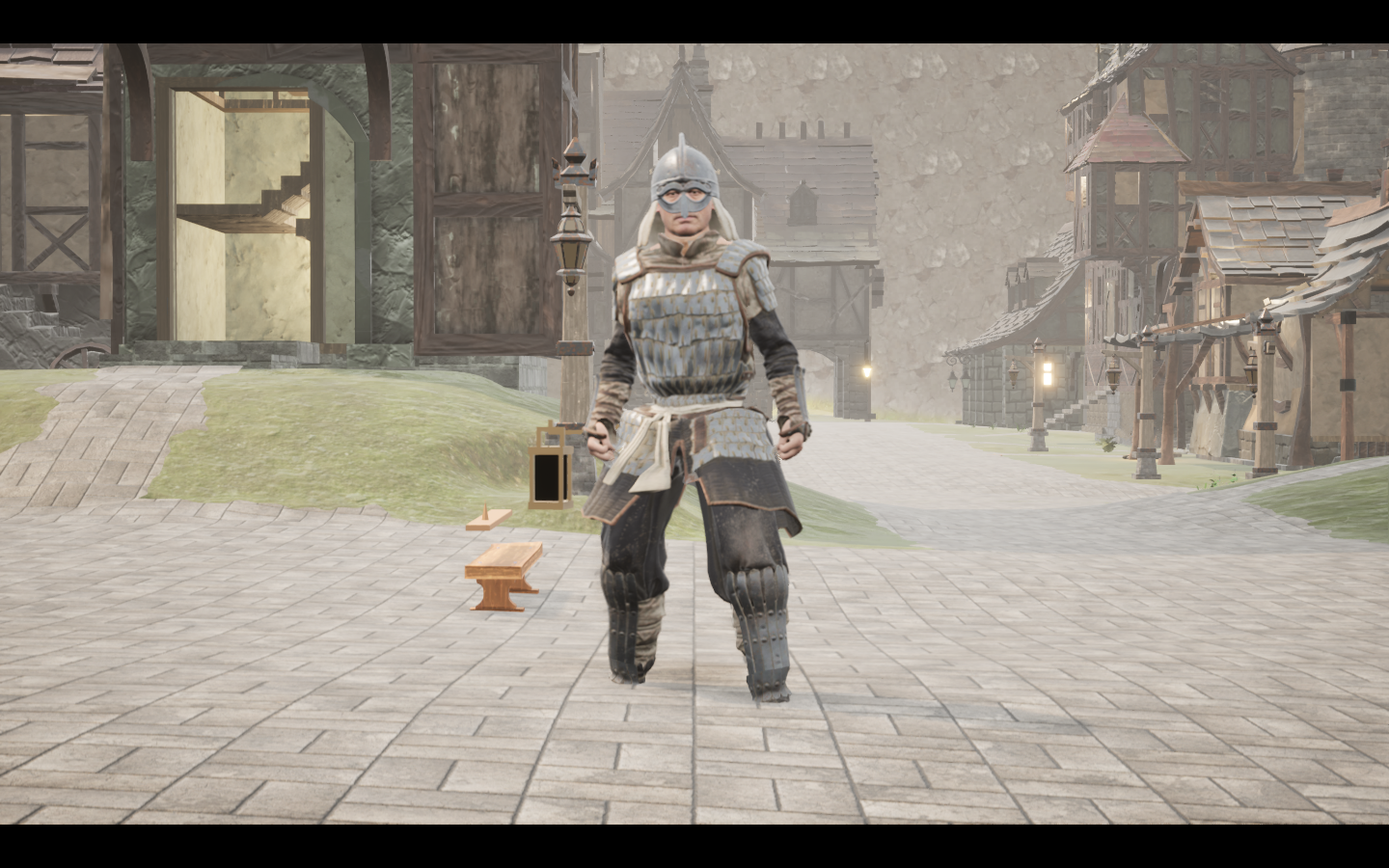Worn in the complete Onyx iron armour outfit. Native game screenshot, masculine average body, front view.