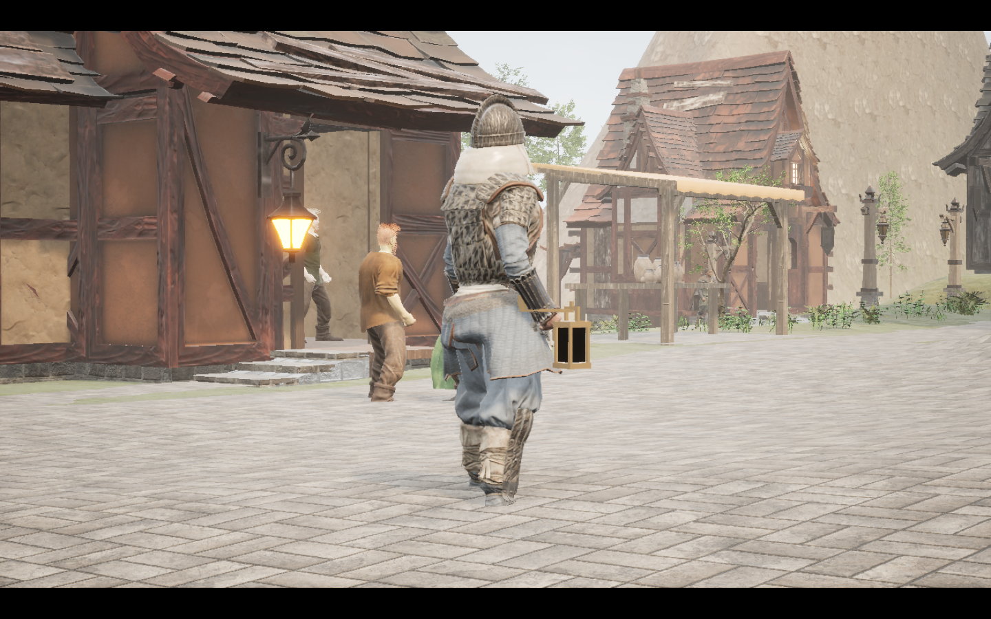 Worn in the complete Rootbound iron armour outfit. Native game screenshot, masculine average body, rear three-quarter view.