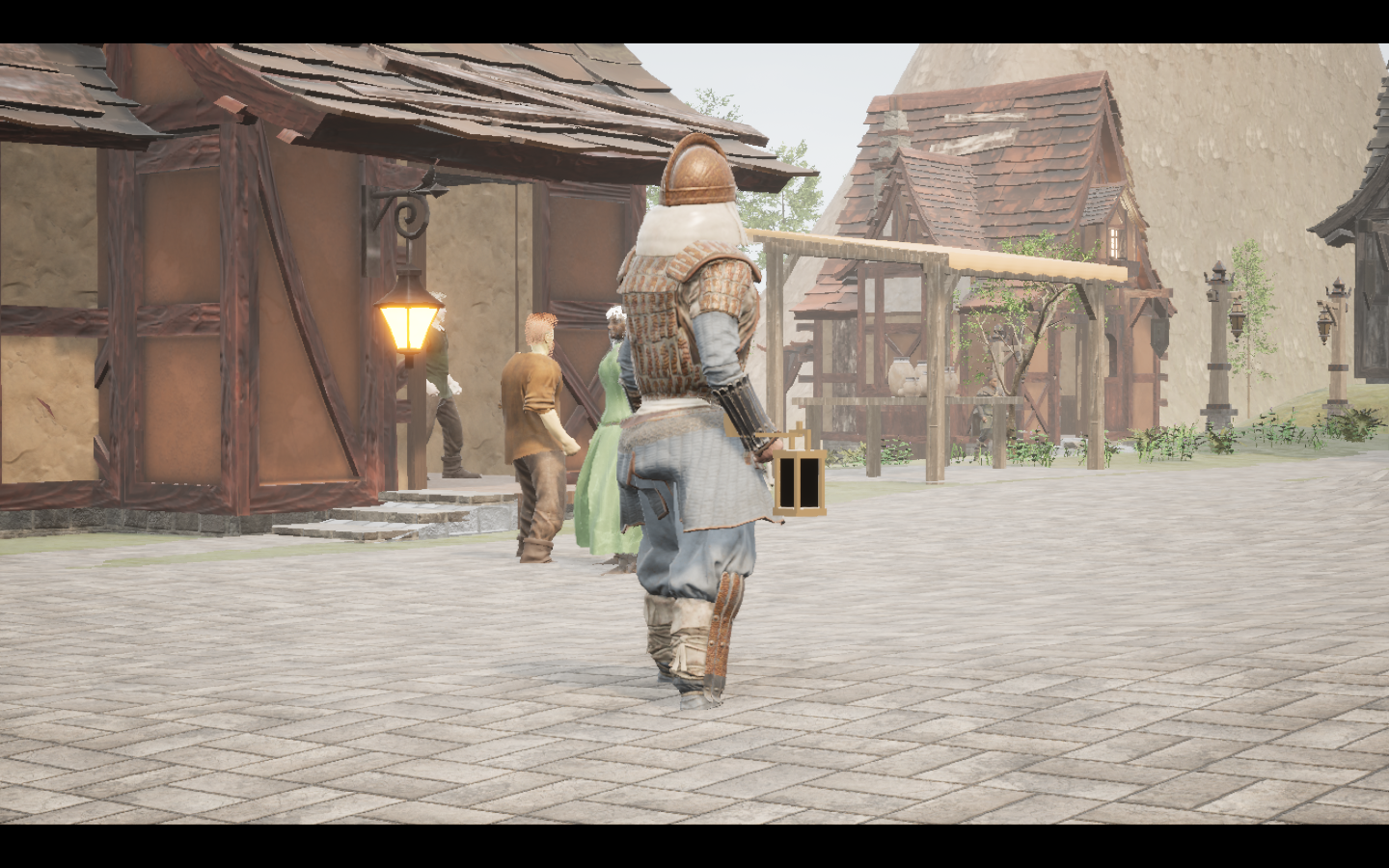 Worn in the complete Amberscale iron armour outfit. Native game screenshot, masculine average body, rear three-quarter view.