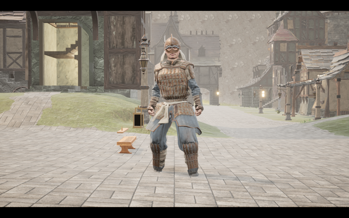 Worn in the complete Amberscale iron armour outfit. Native game screenshot, masculine average body, front view.