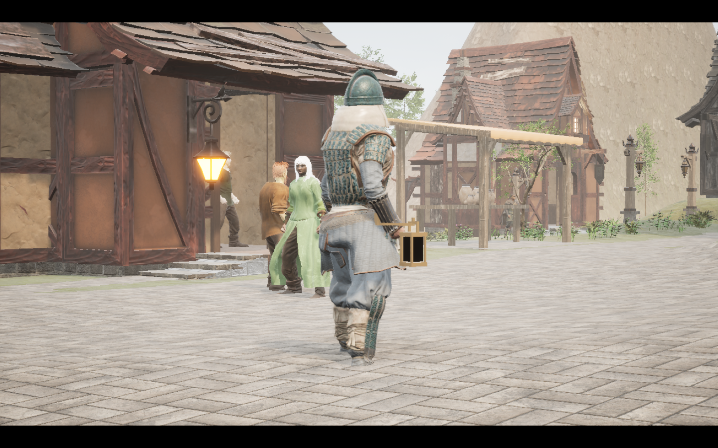 Worn in the complete Tidescale iron armour outfit. Native game screenshot, masculine average body, rear three-quarter view.
