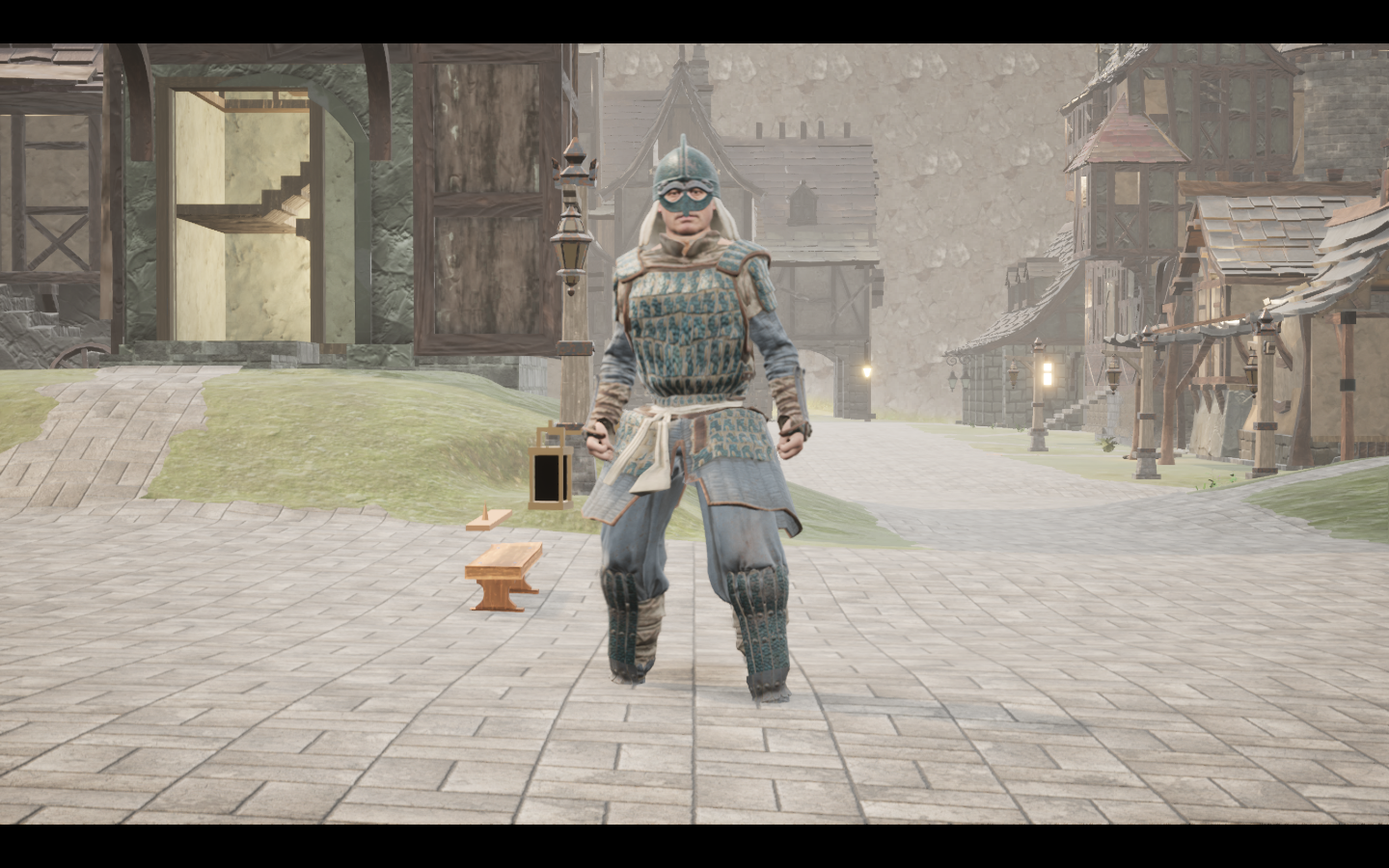 Worn in the complete Tidescale iron armour outfit. Native game screenshot, masculine average body, front view.