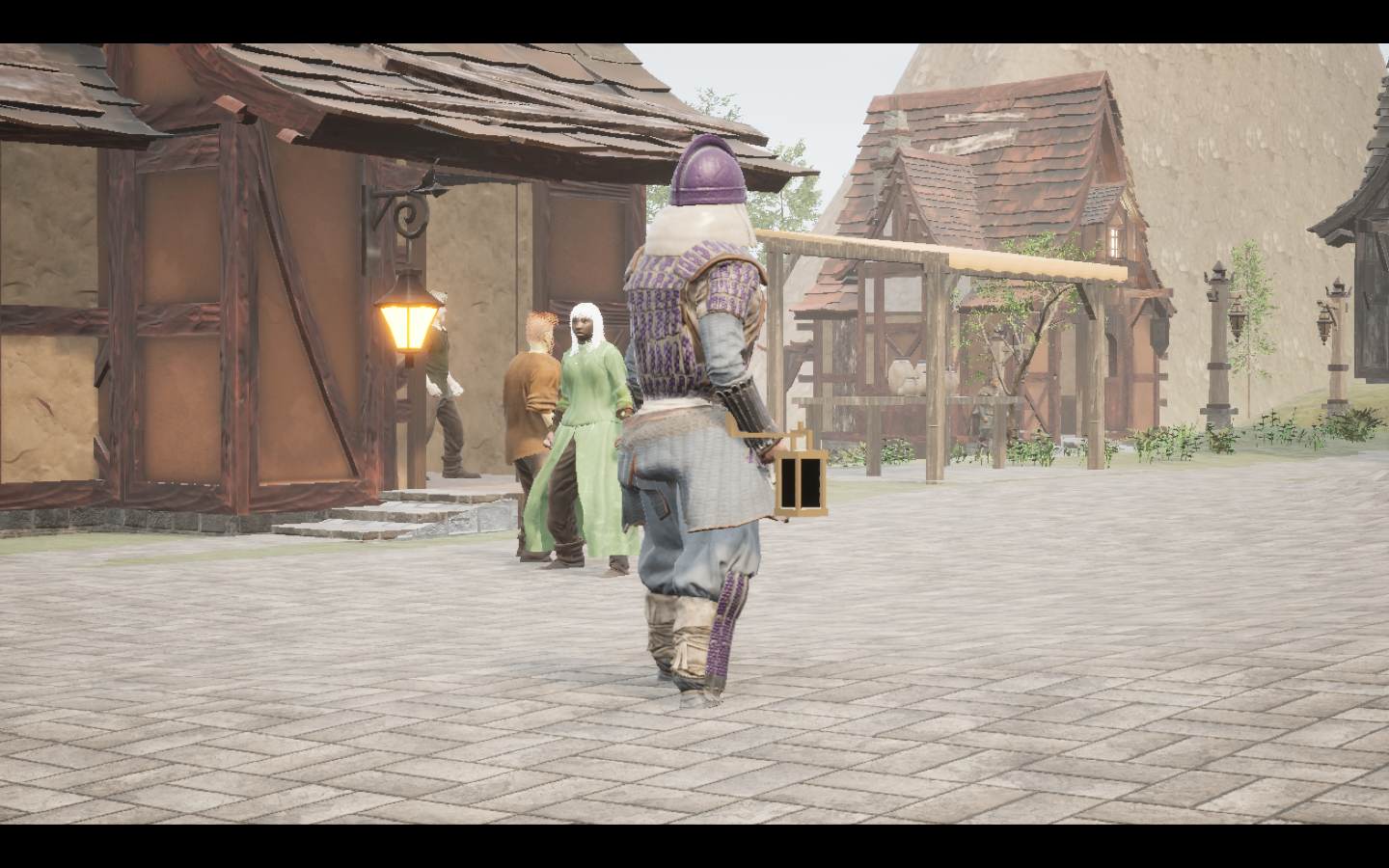 Worn in the complete Amethyst iron armour outfit. Native game screenshot, masculine average body, rear three-quarter view.