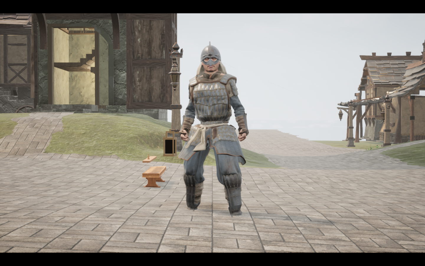 Worn in the complete Iron armour outfit. Native game screenshot, masculine average body, front view.