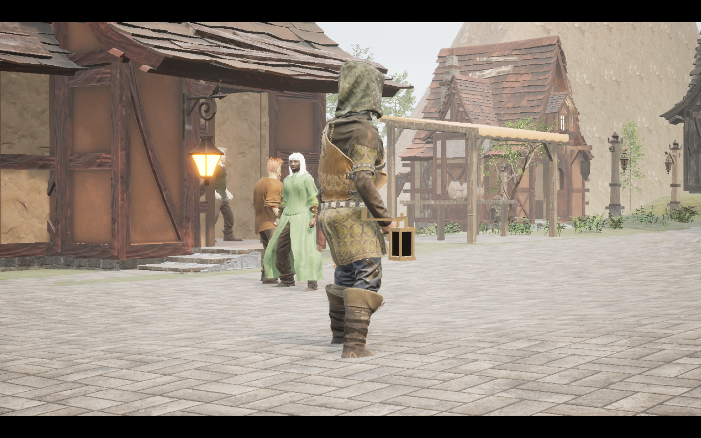 Worn in the complete Leather armour outfit. Native game screenshot, masculine average body, rear three-quarter view.