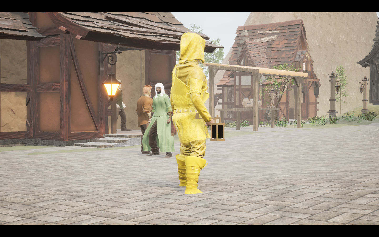 Worn in the complete Sunspot leather armour outfit. Native game screenshot, masculine average body, rear three-quarter view.