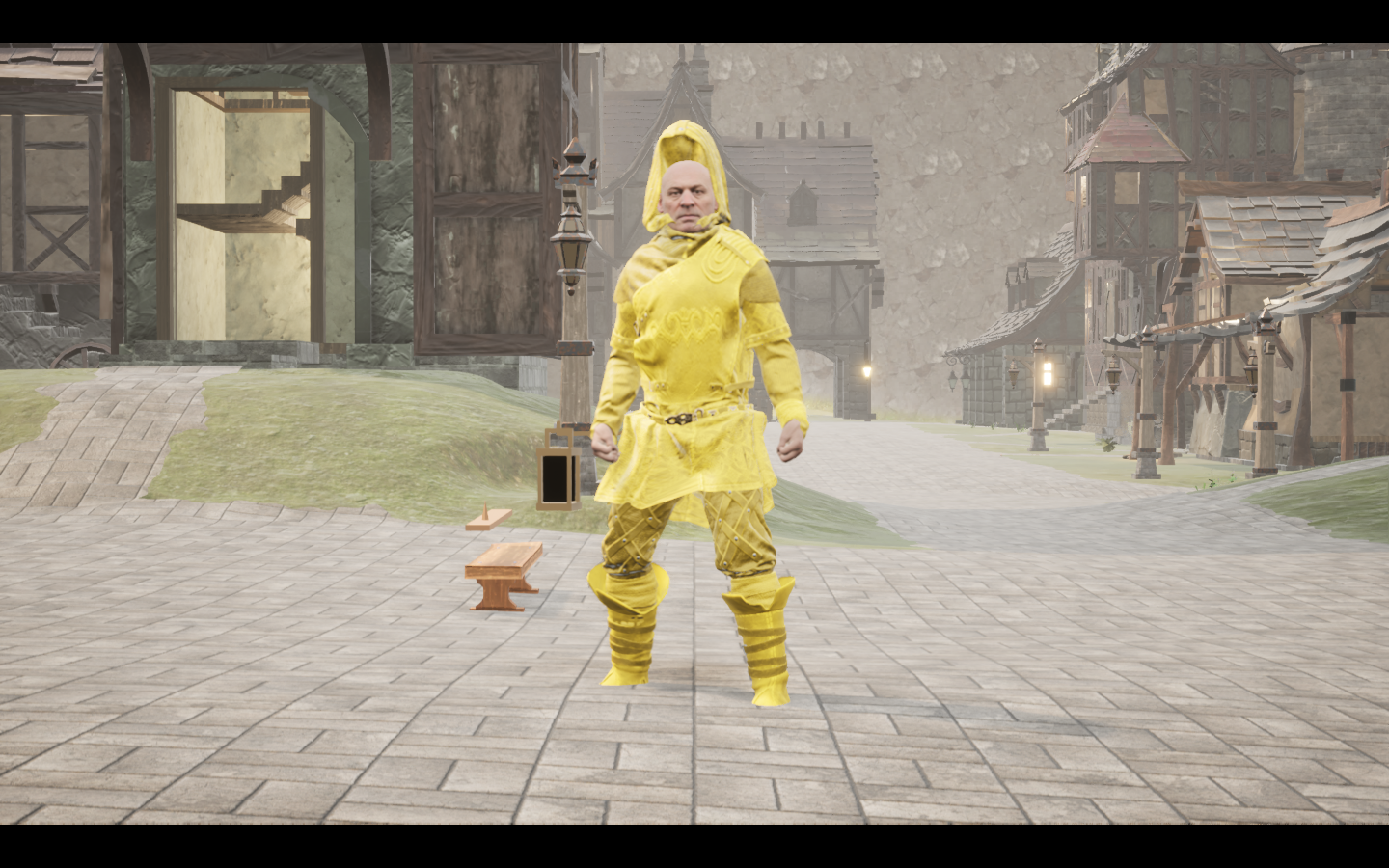 Worn in the complete Sunspot leather armour outfit. Native game screenshot, masculine average body, front view.