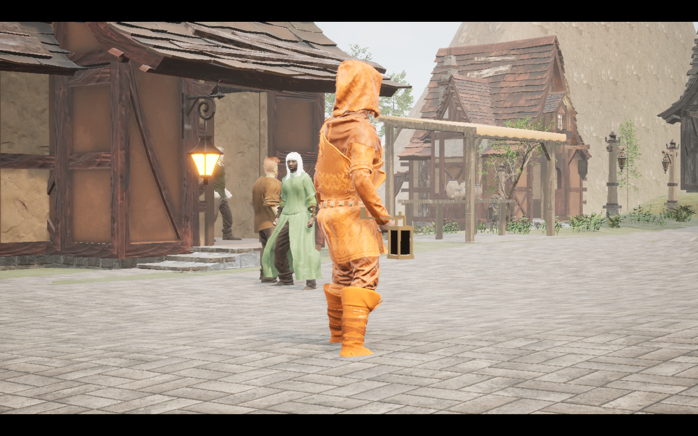 Worn in the complete Amber leather armour outfit. Native game screenshot, masculine average body, rear three-quarter view.