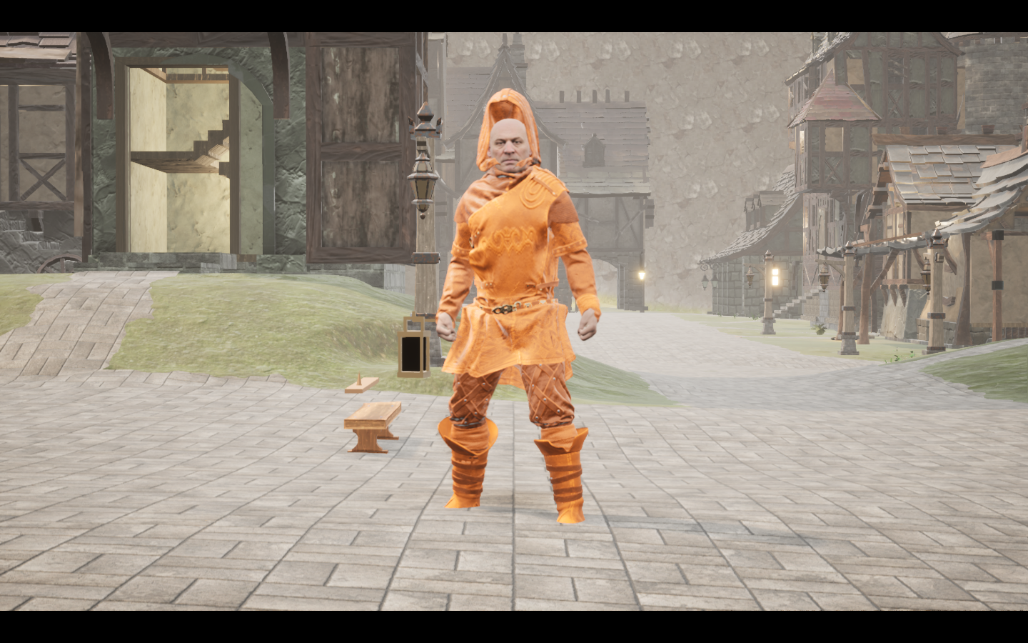 Worn in the complete Amber leather armour outfit. Native game screenshot, masculine average body, front view.