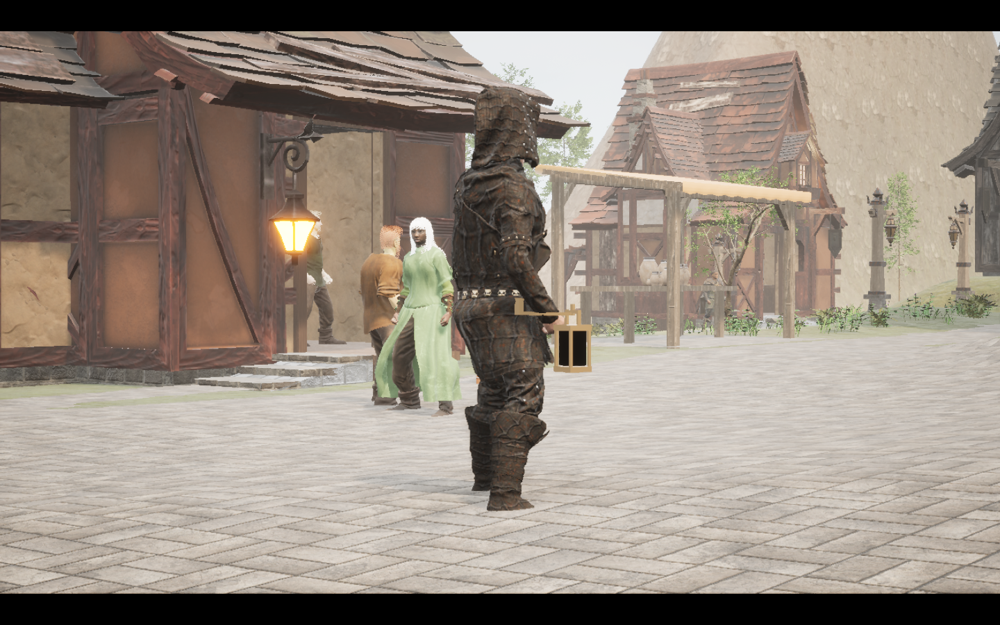 Worn in the complete Chitin leather armour outfit. Native game screenshot, masculine average body, rear three-quarter view.
