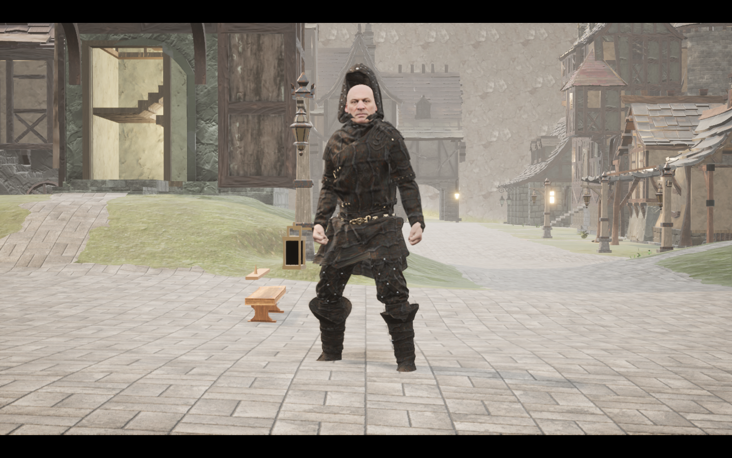 Worn in the complete Chitin leather armour outfit. Native game screenshot, masculine average body, front view.