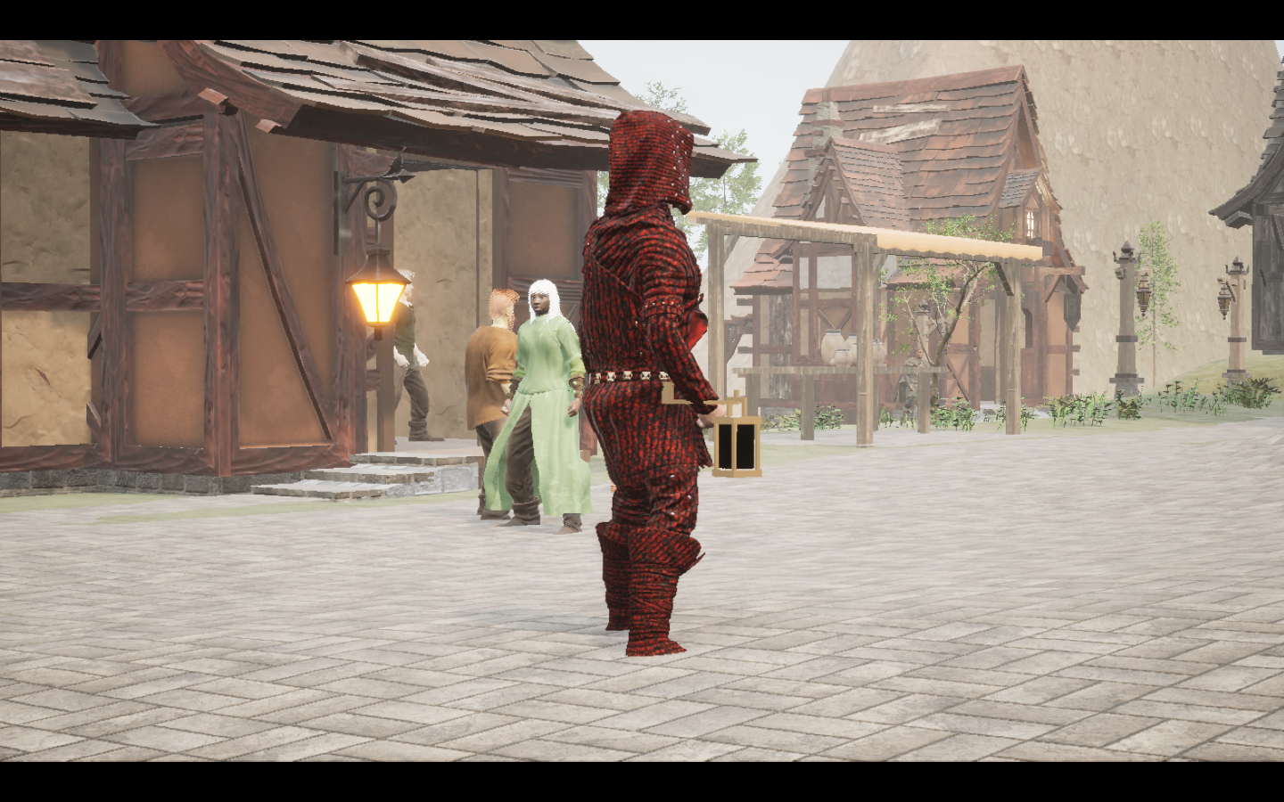 Worn in the complete Emberband leather armour outfit. Native game screenshot, masculine average body, rear three-quarter view.