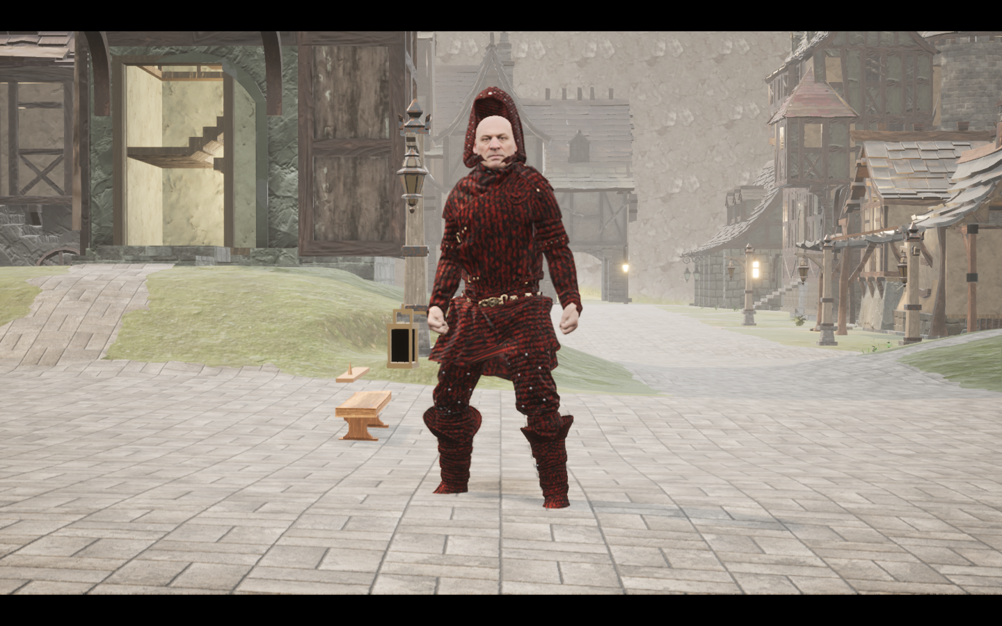 Worn in the complete Emberband leather armour outfit. Native game screenshot, masculine average body, front view.