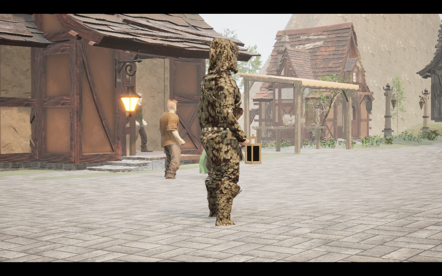 Worn in the complete Stonehide leather armour outfit. Native game screenshot, masculine average body, rear three-quarter view.
