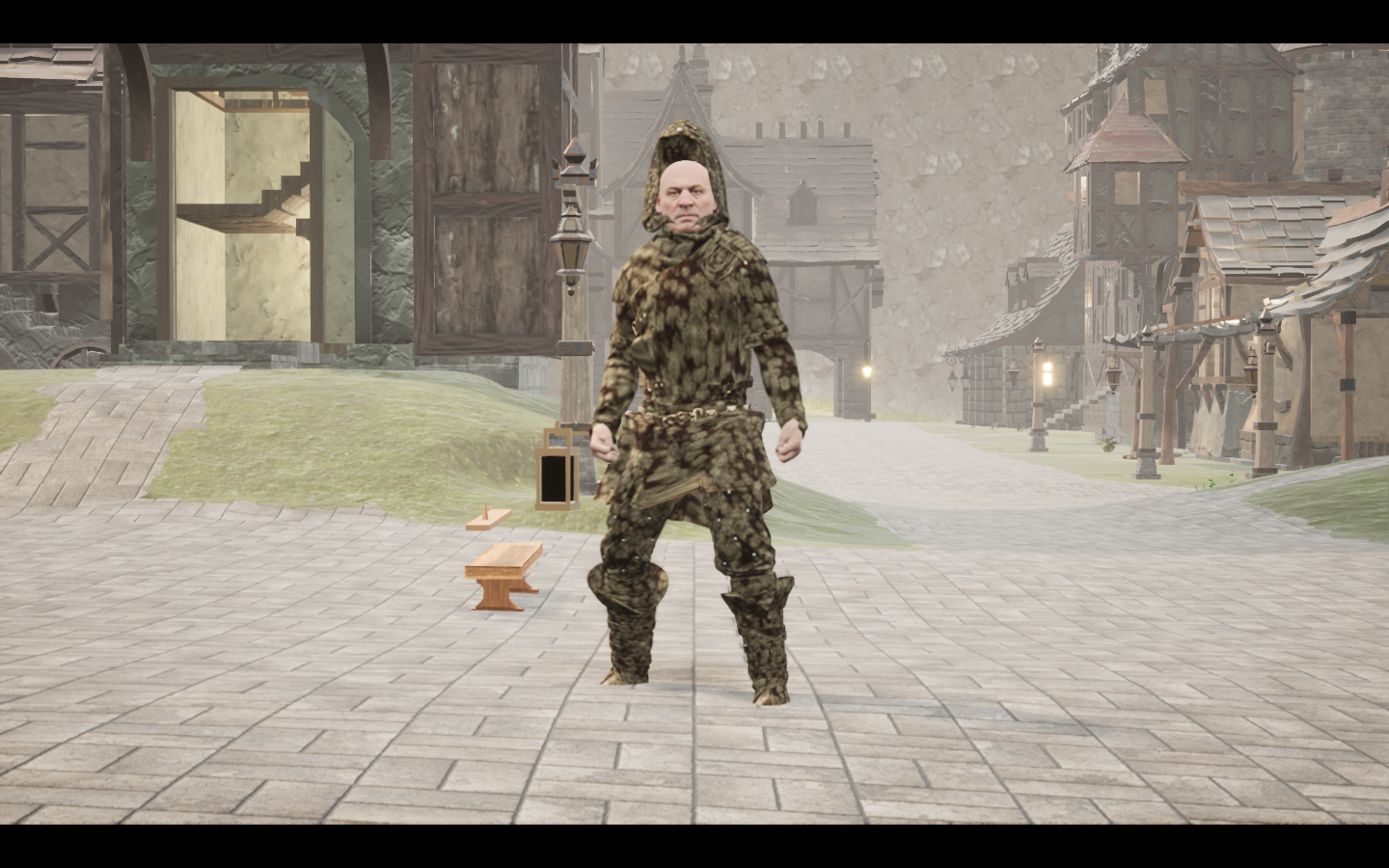Worn in the complete Stonehide leather armour outfit. Native game screenshot, masculine average body, front view.