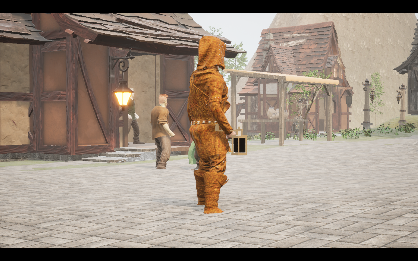 Worn in the complete Amberscale leather armour outfit. Native game screenshot, masculine average body, rear three-quarter view.