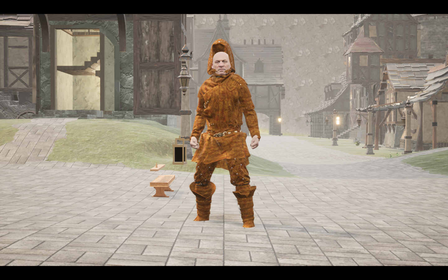 Worn in the complete Amberscale leather armour outfit. Native game screenshot, masculine average body, front view.