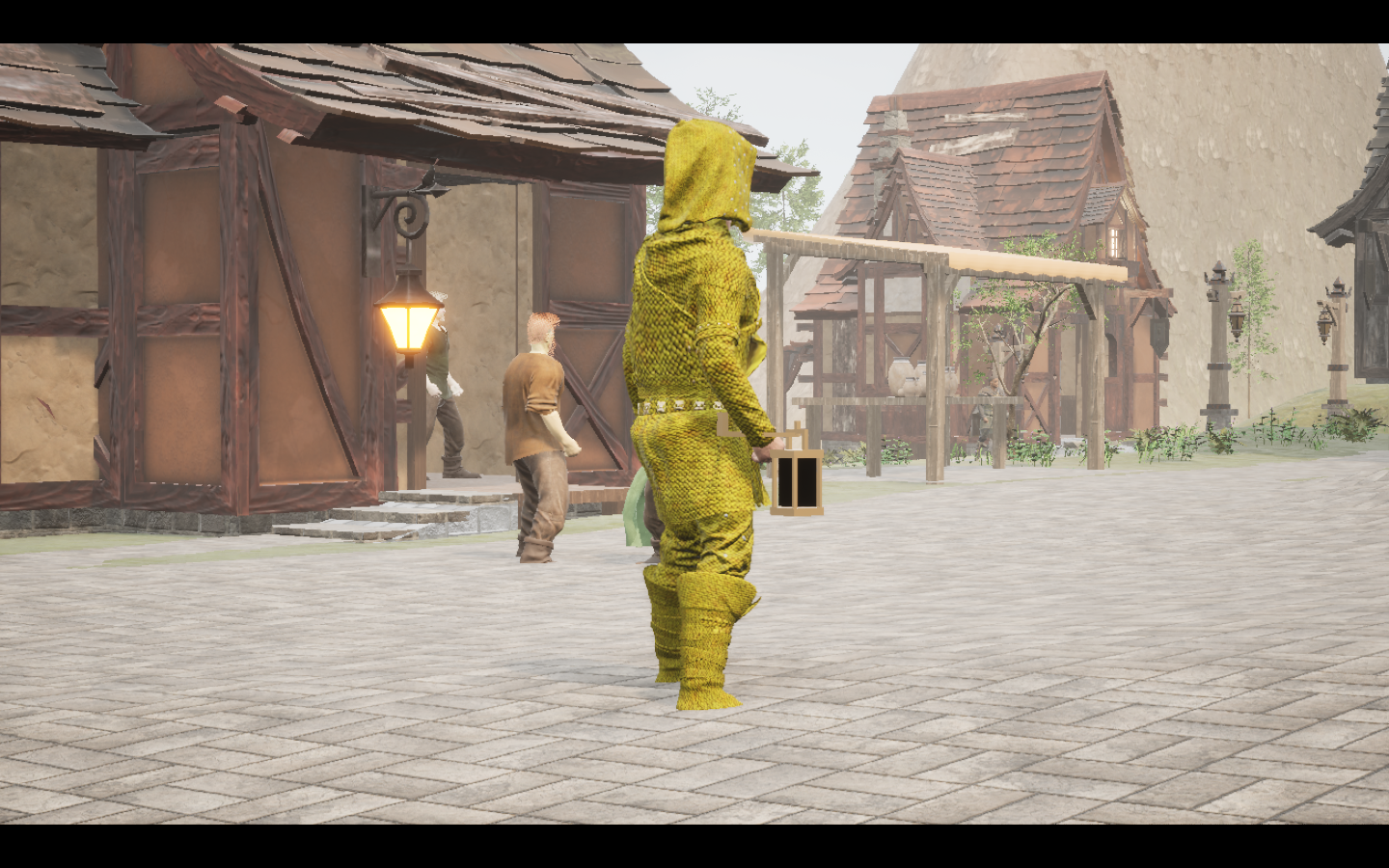 Worn in the complete Wyrmscale leather armour outfit. Native game screenshot, masculine average body, rear three-quarter view.