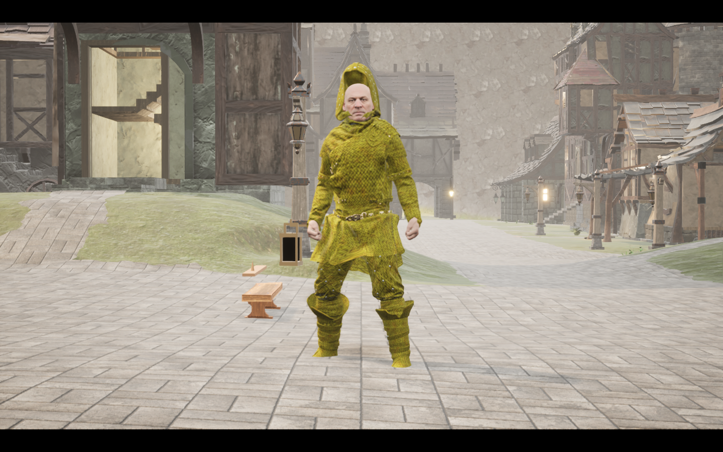 Worn in the complete Wyrmscale leather armour outfit. Native game screenshot, masculine average body, front view.