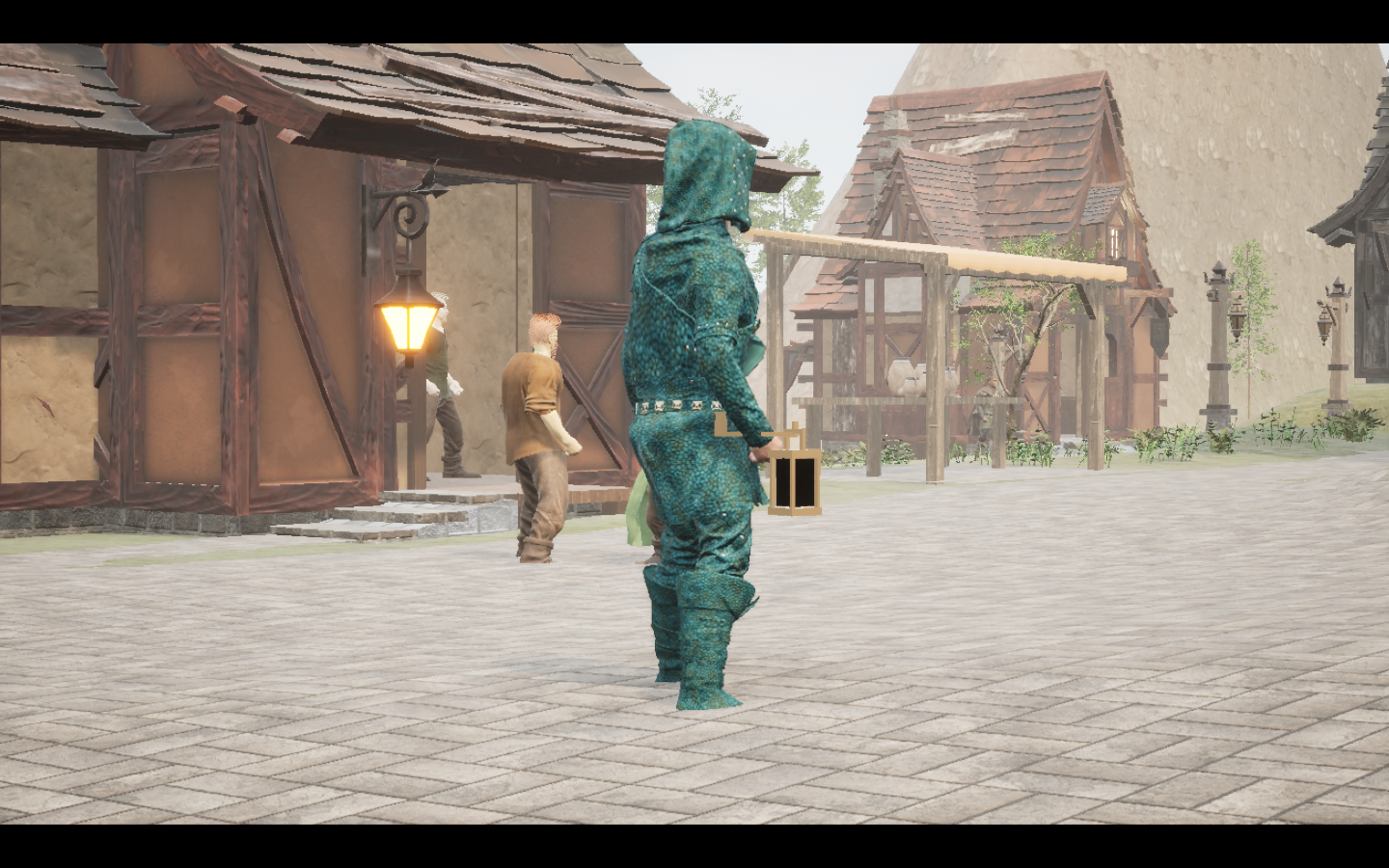 Worn in the complete Tidescale leather armour outfit. Native game screenshot, masculine average body, rear three-quarter view.
