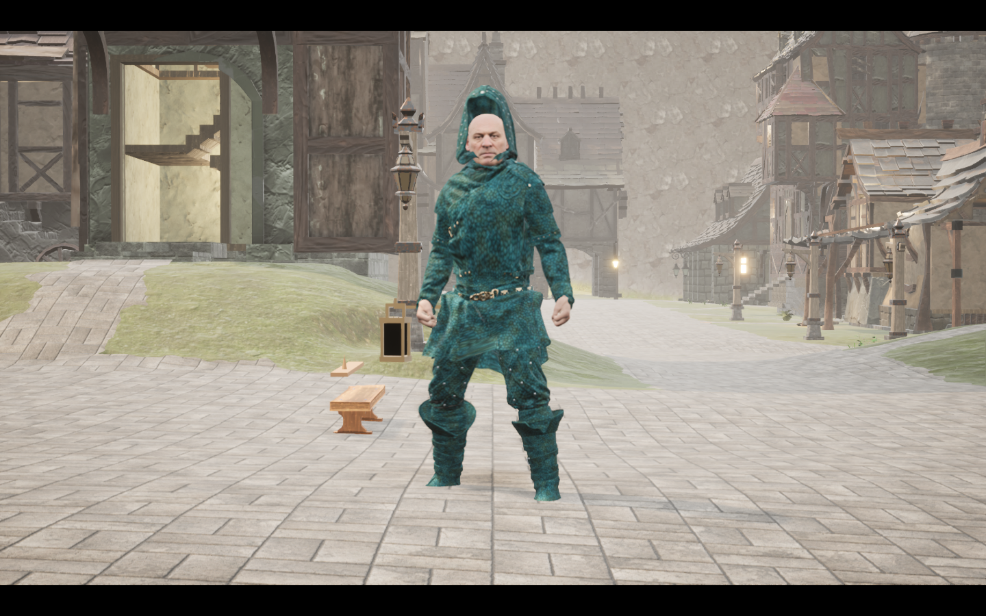 Worn in the complete Tidescale leather armour outfit. Native game screenshot, masculine average body, front view.