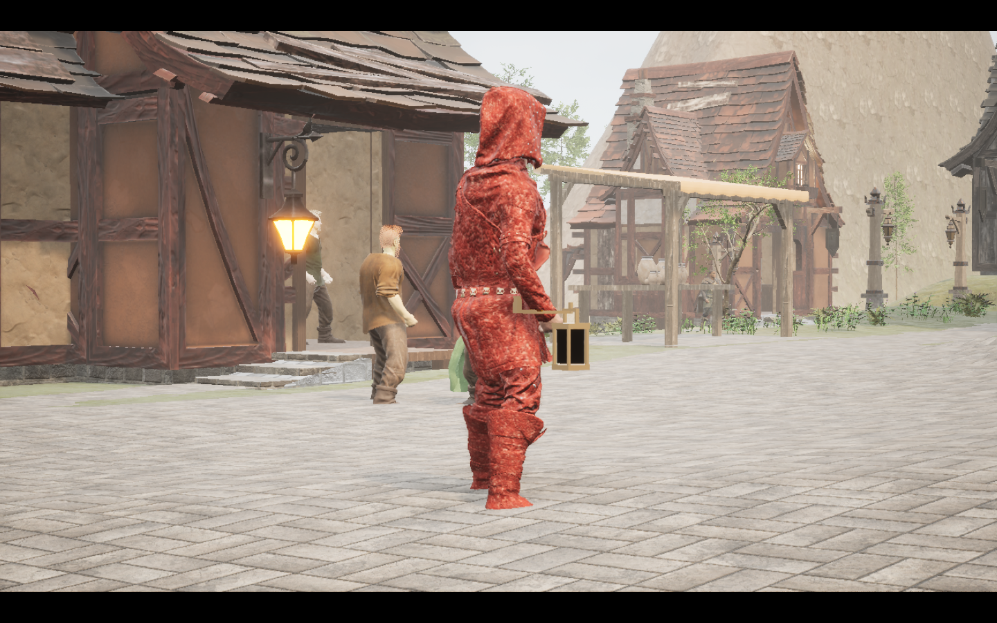Worn in the complete Abyssal leather armour outfit. Native game screenshot, masculine average body, rear three-quarter view.