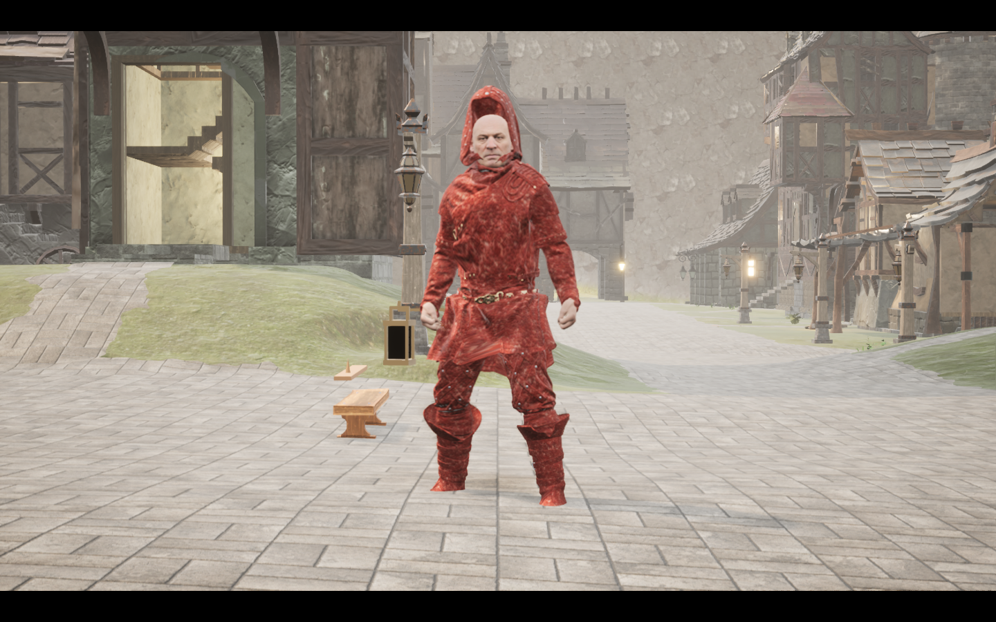 Worn in the complete Abyssal leather armour outfit. Native game screenshot, masculine average body, front view.