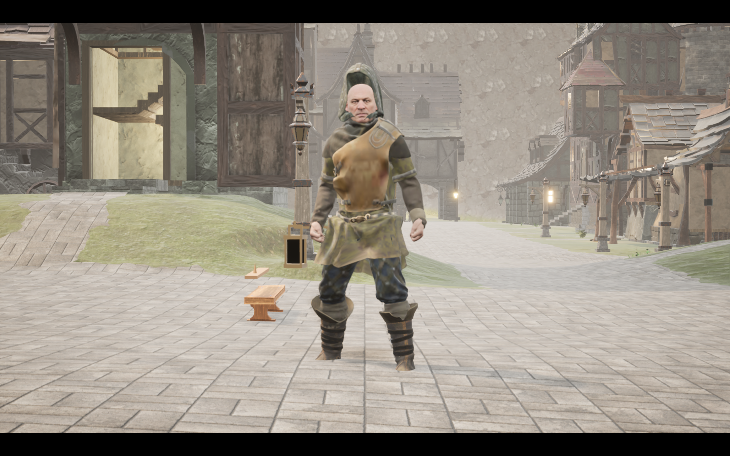 Worn in the complete Leather armour outfit. Native game screenshot, masculine average body, front view.