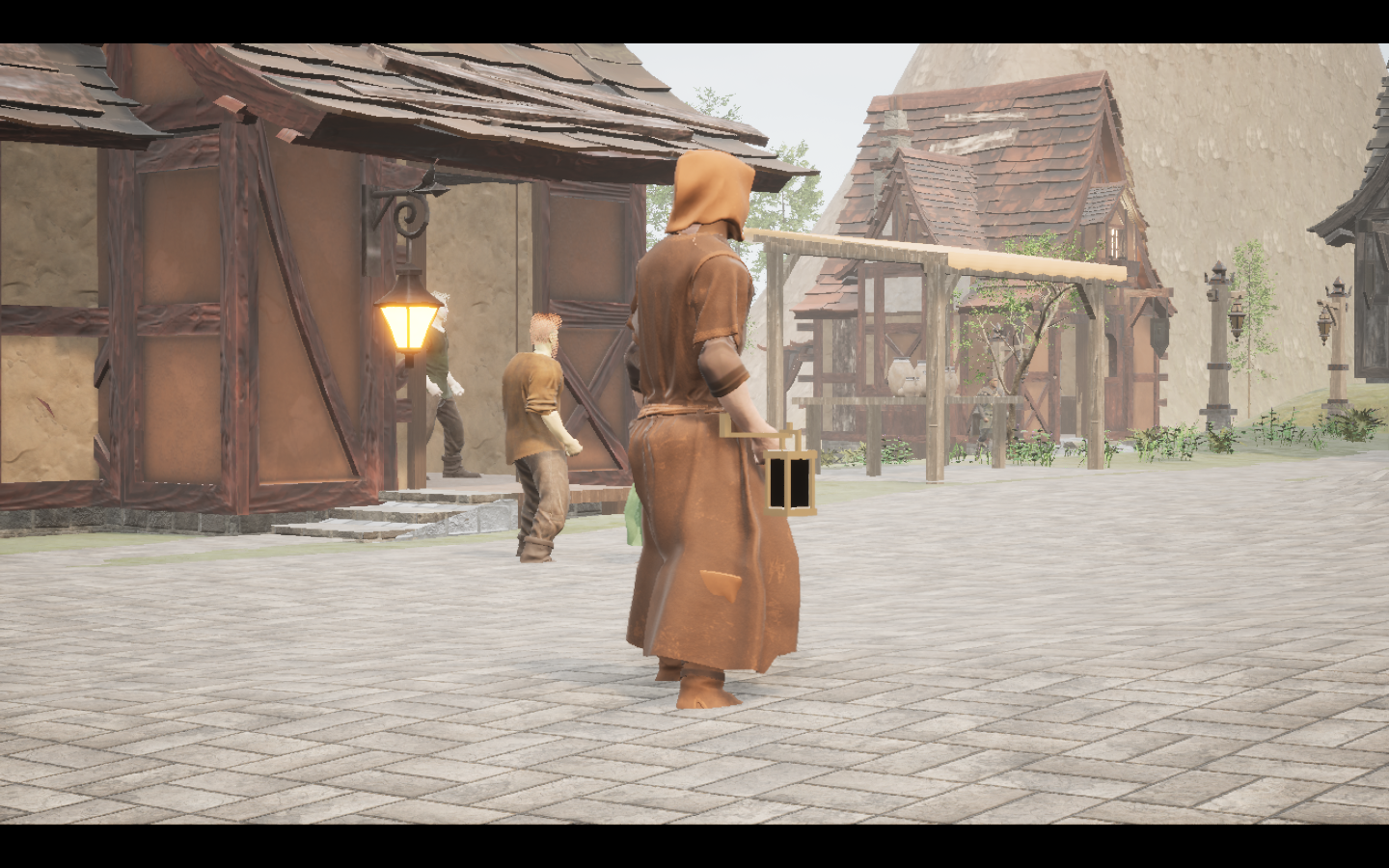 Worn in the complete Umber linen mage armour outfit. Native game screenshot, masculine average body, rear three-quarter view.