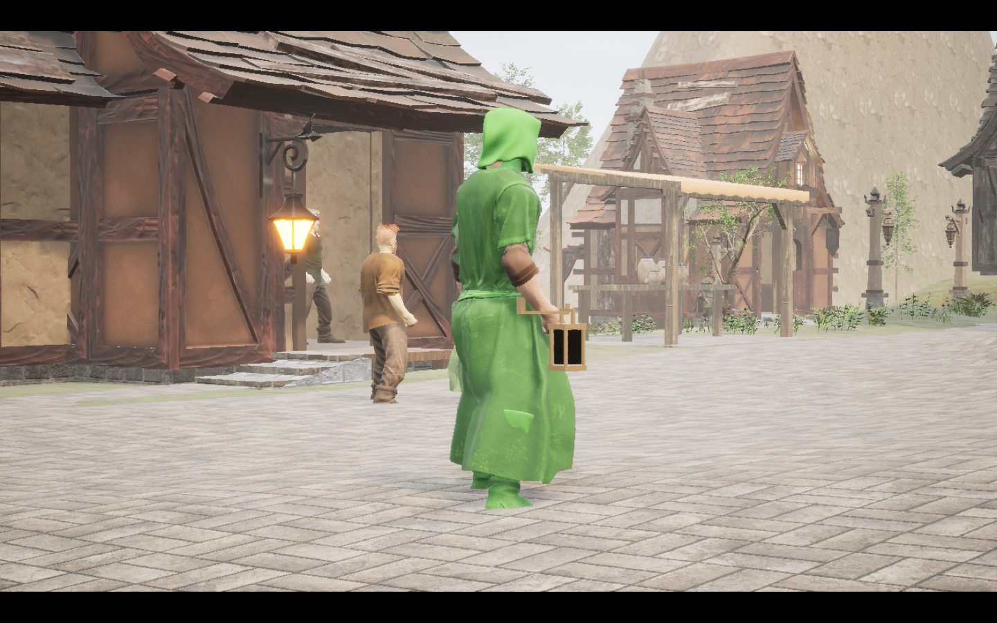 Worn in the complete Moss linen mage armour outfit. Native game screenshot, masculine average body, rear three-quarter view.