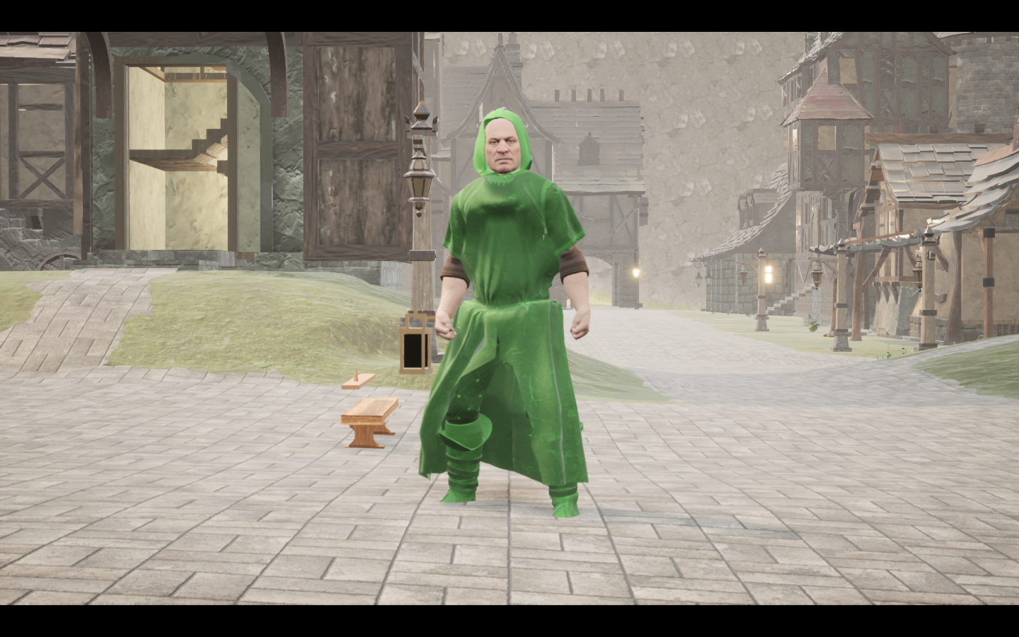 Worn in the complete Moss linen mage armour outfit. Native game screenshot, masculine average body, front view.