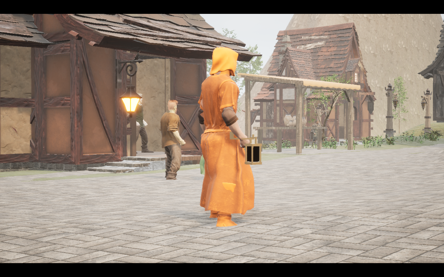 Worn in the complete Amber linen mage armour outfit. Native game screenshot, masculine average body, rear three-quarter view.