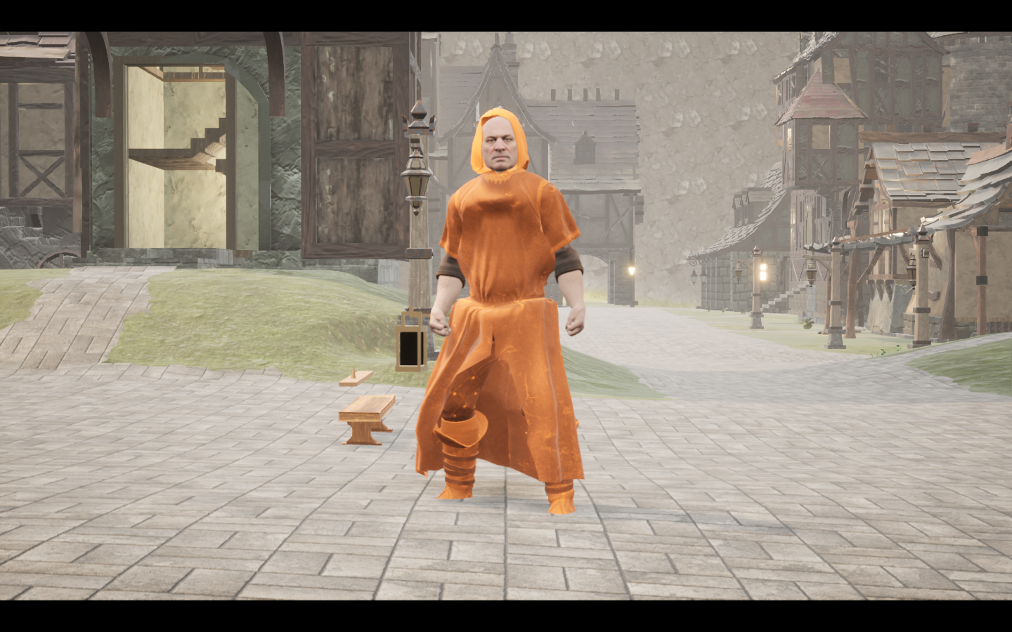 Worn in the complete Amber linen mage armour outfit. Native game screenshot, masculine average body, front view.
