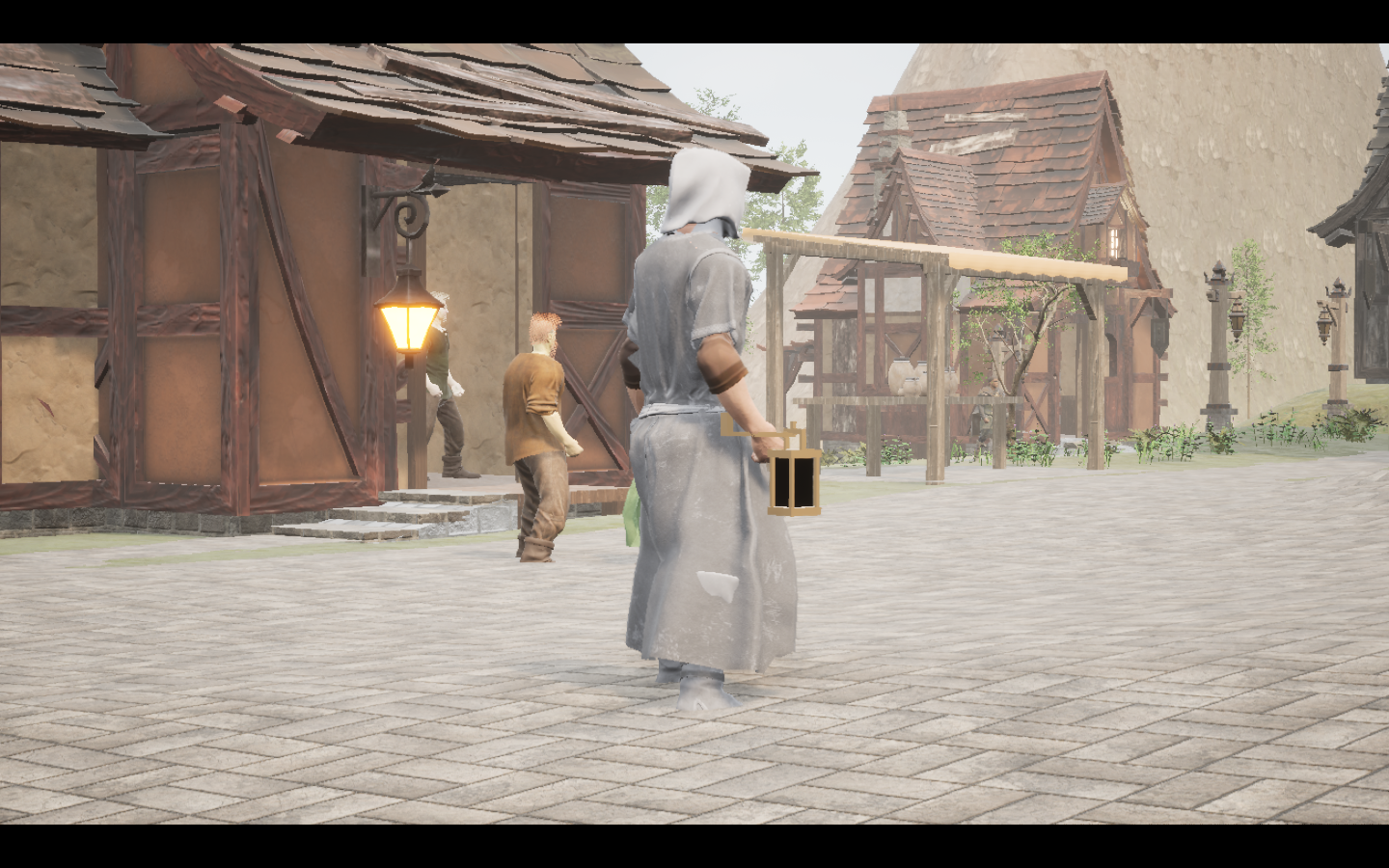 Worn in the complete Ash linen mage armour outfit. Native game screenshot, masculine average body, rear three-quarter view.