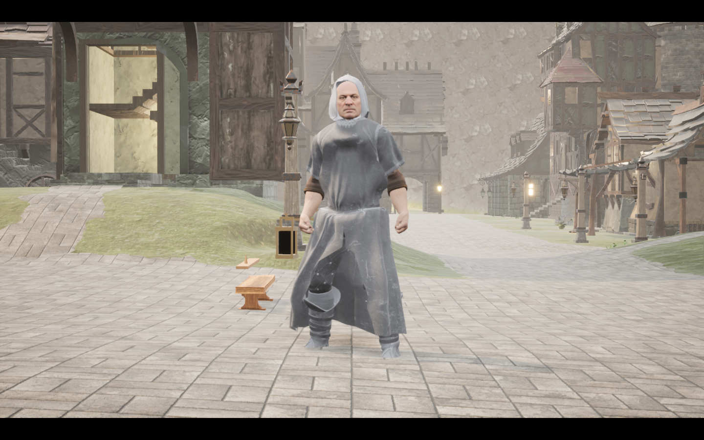 Worn in the complete Ash linen mage armour outfit. Native game screenshot, masculine average body, front view.