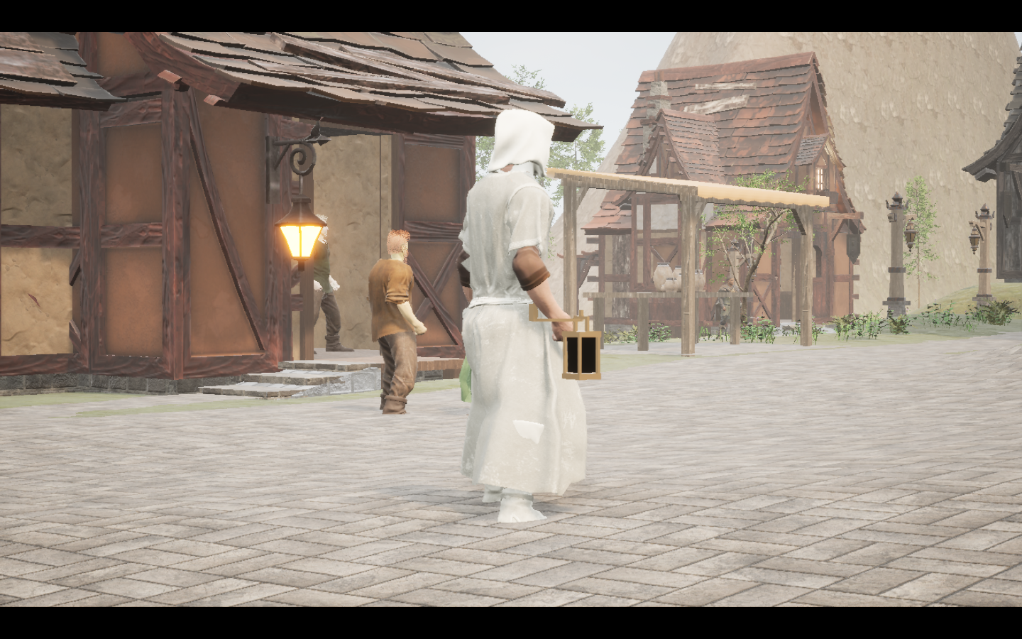 Worn in the complete Frost linen mage armour outfit. Native game screenshot, masculine average body, rear three-quarter view.