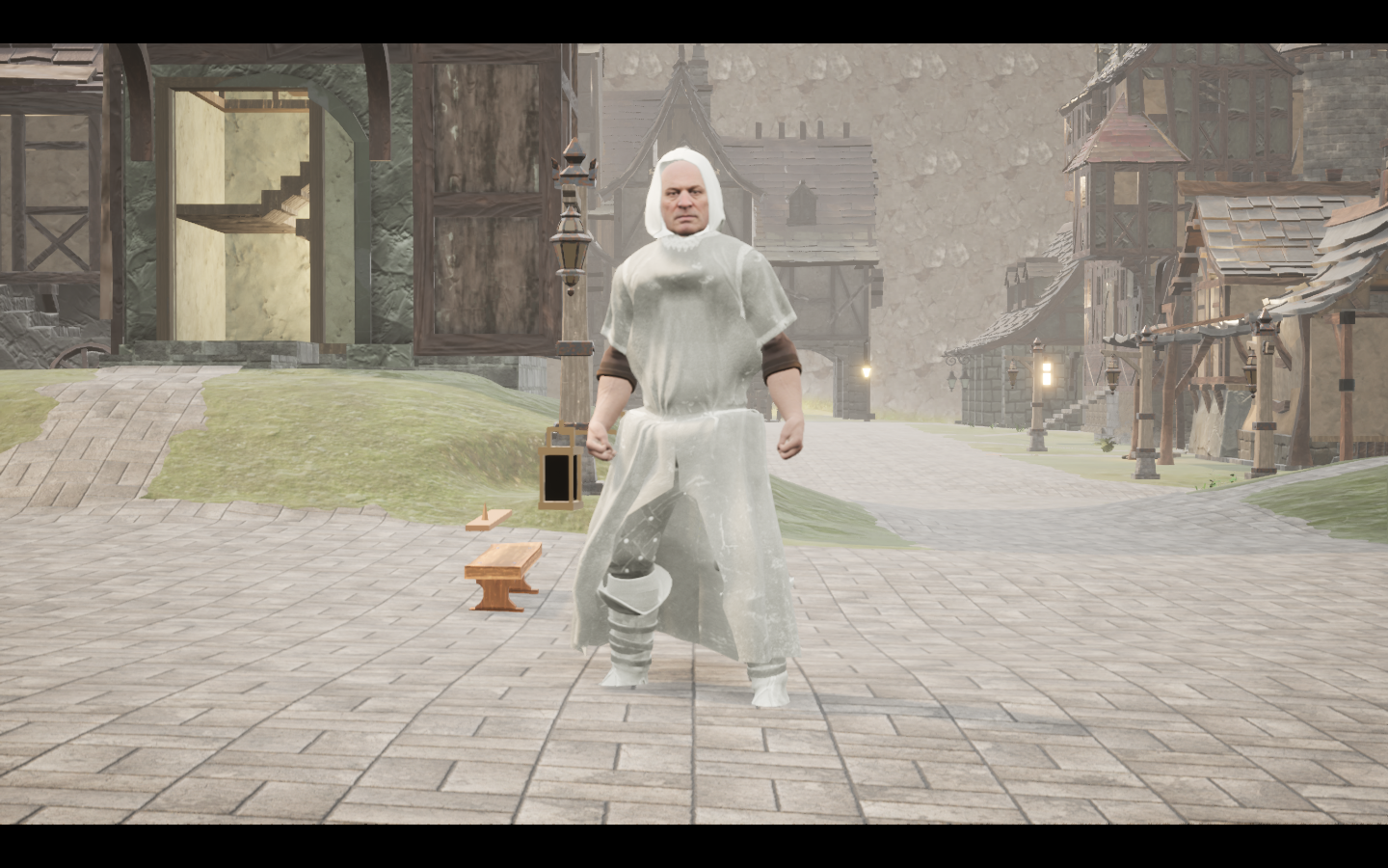Worn in the complete Frost linen mage armour outfit. Native game screenshot, masculine average body, front view.