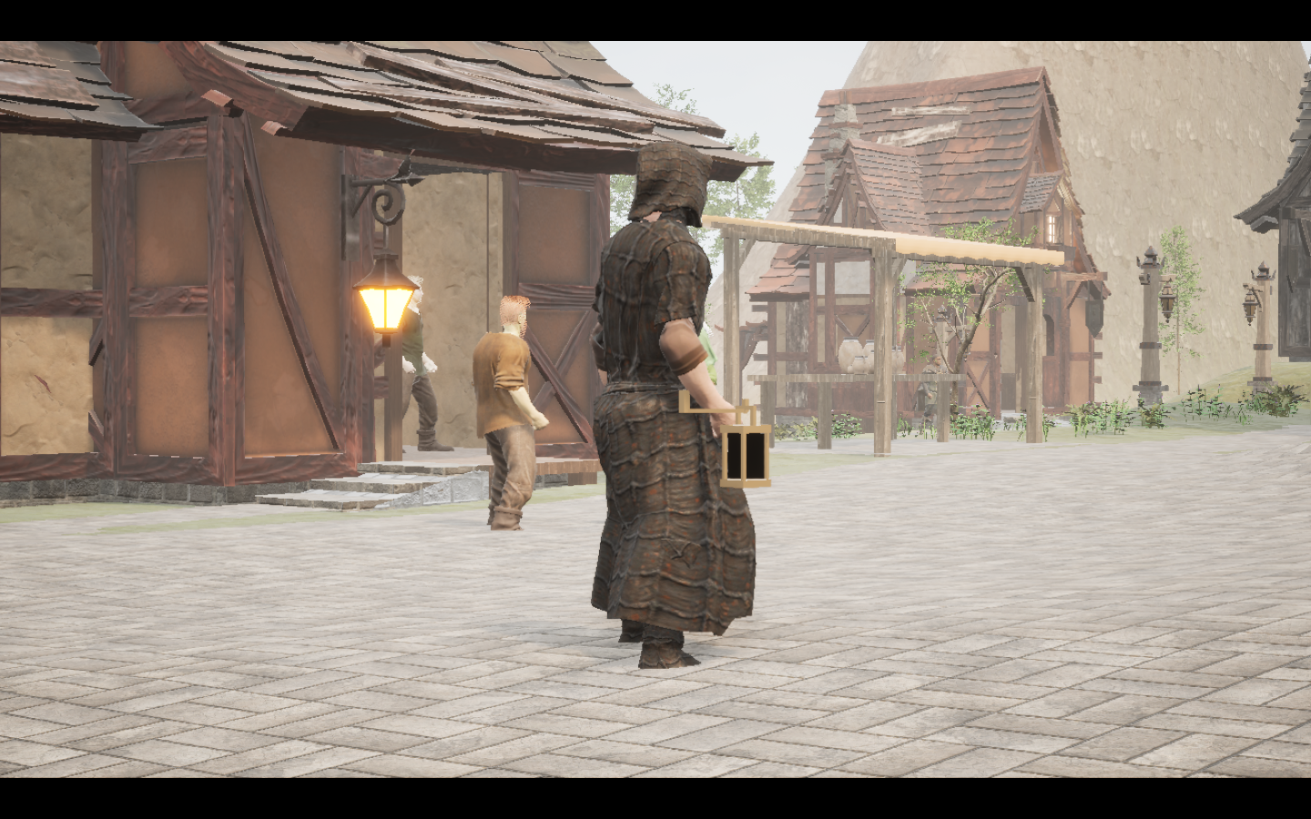 Worn in the complete Chitin linen mage armour outfit. Native game screenshot, masculine average body, rear three-quarter view.
