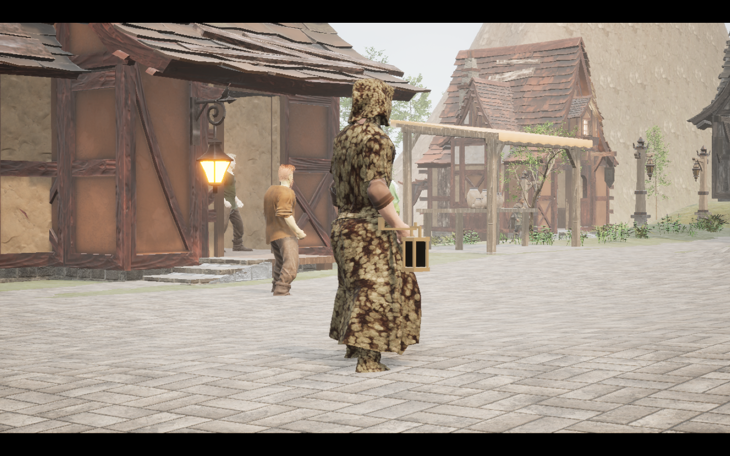 Worn in the complete Stonehide linen mage armour outfit. Native game screenshot, masculine average body, rear three-quarter view.