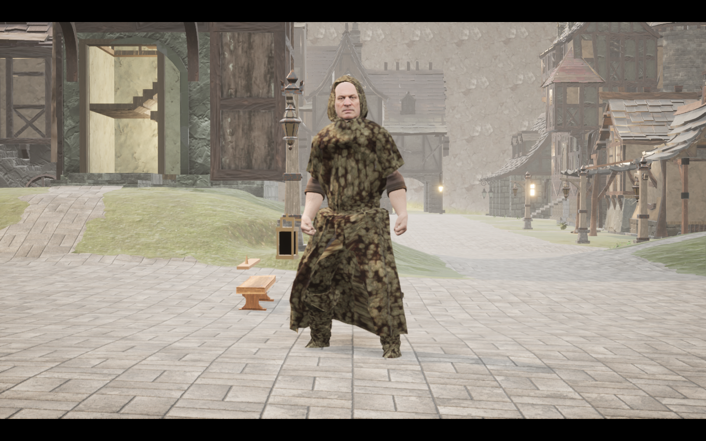 Worn in the complete Stonehide linen mage armour outfit. Native game screenshot, masculine average body, front view.